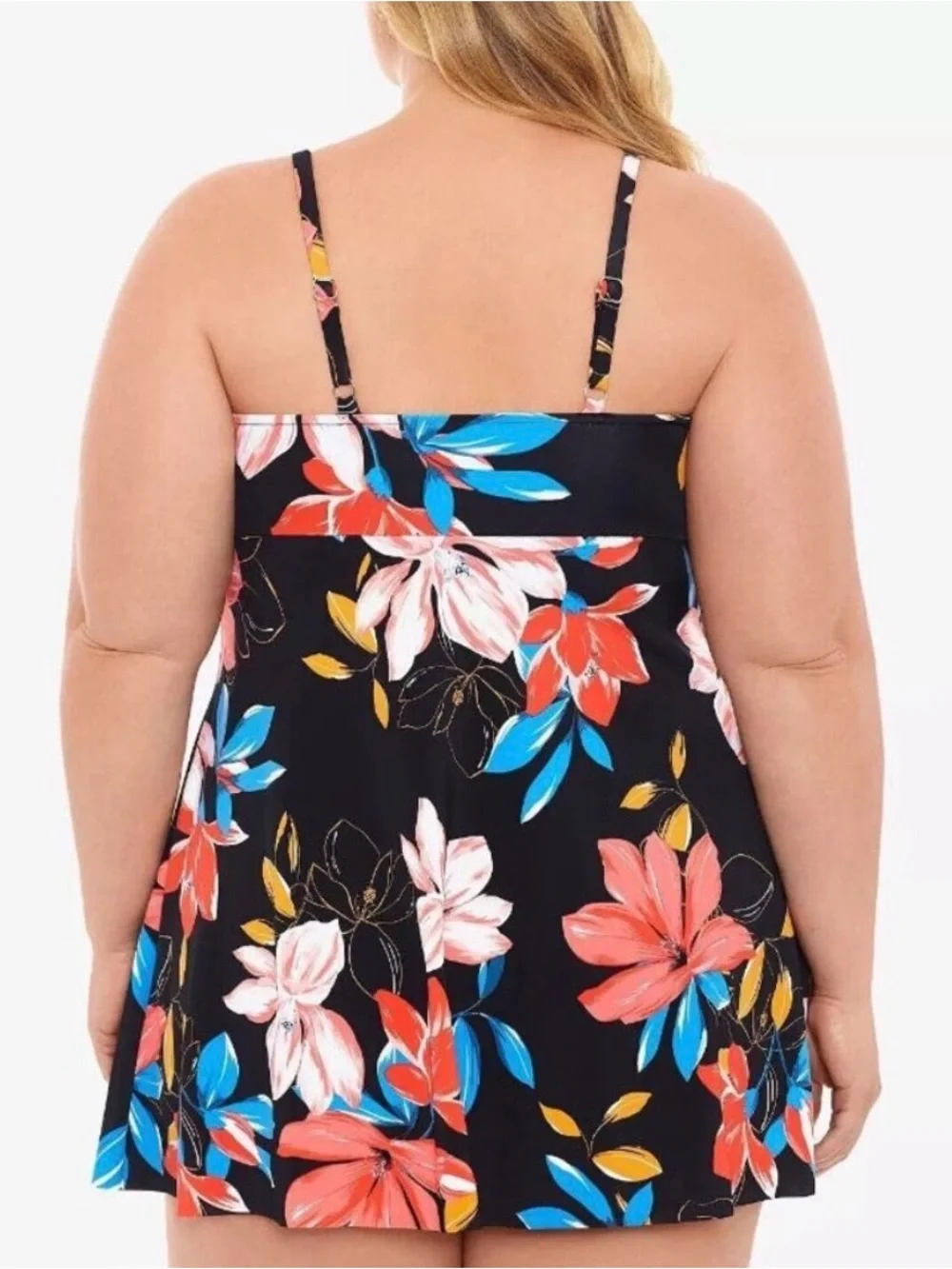 Black Floral Fly Away V-Neck Swimdress with Coral & Blue Flowers - Picture 2 of 6